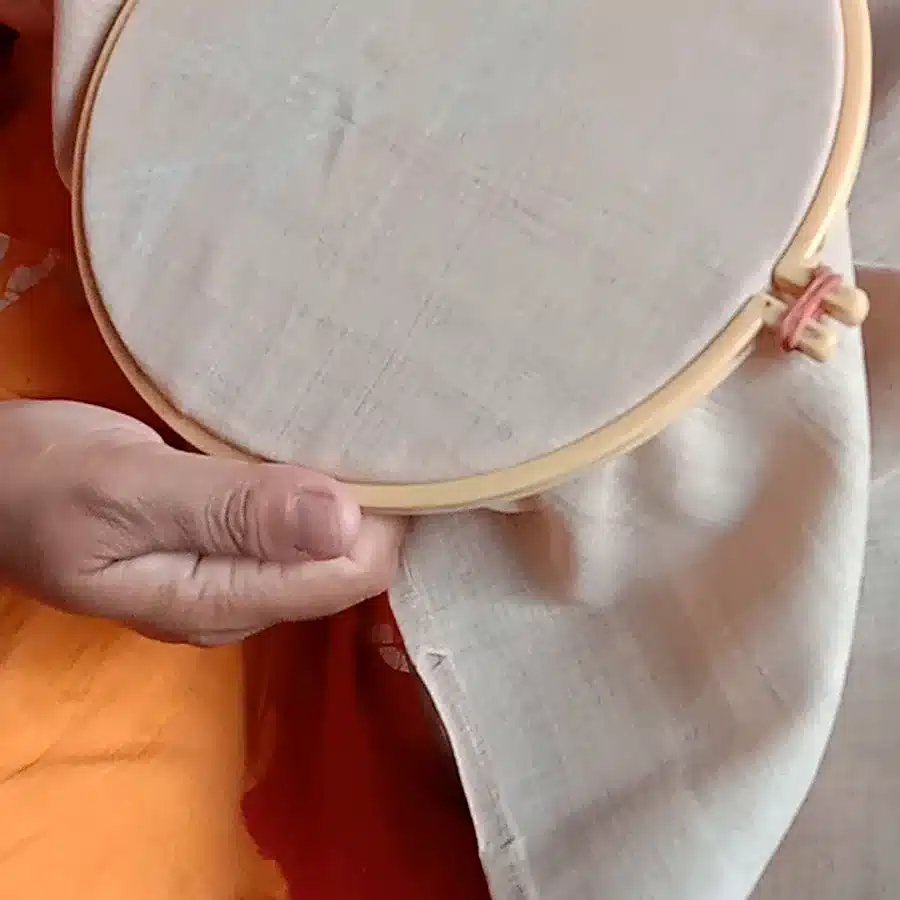 Tussar cloth stretched on the hoop