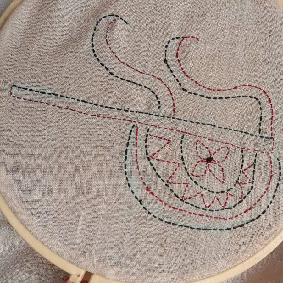 Kantha design on tussar in the hoop